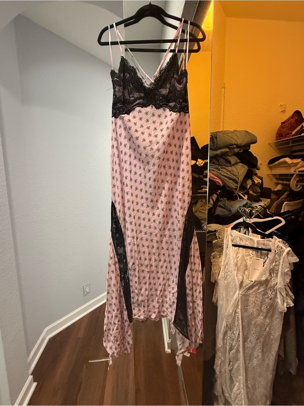 AFRM Floral Lace-Trim Slip Dress with Black Accents